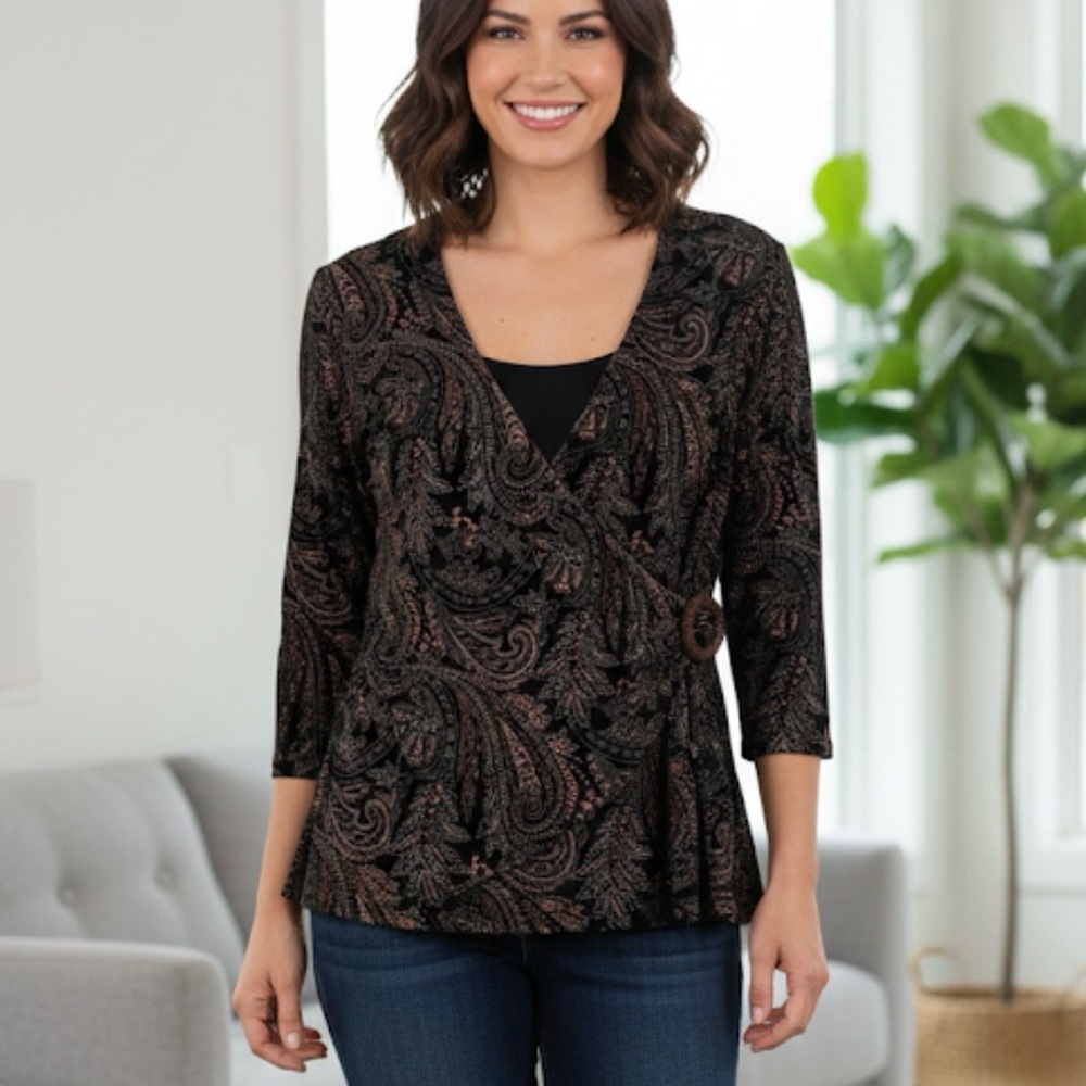 NOTATIONS Twinset 2-fer Top with Attached Tank, Women’s M, Bronze Black